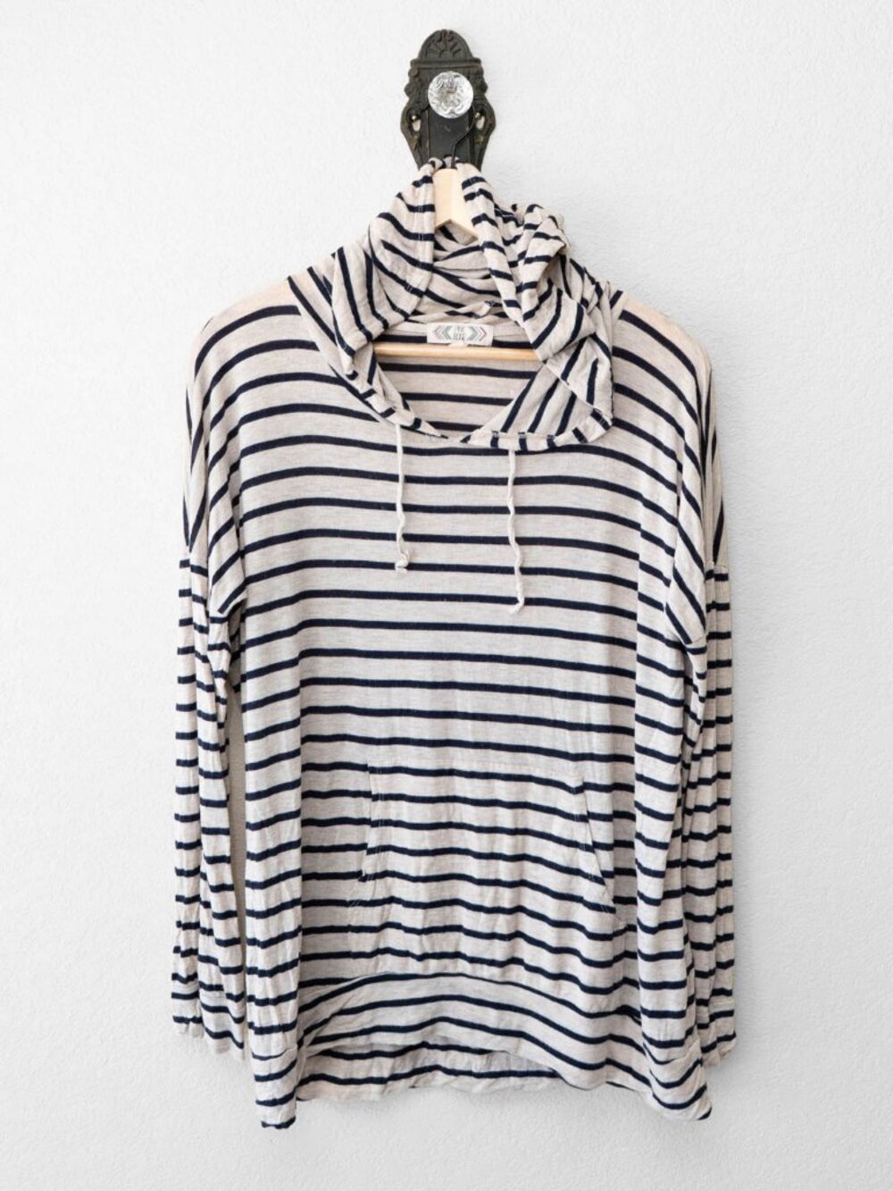 Pink Rose Top Womens XL Navy Cream Striped Hooded Cowl Neck Pocket Pullover